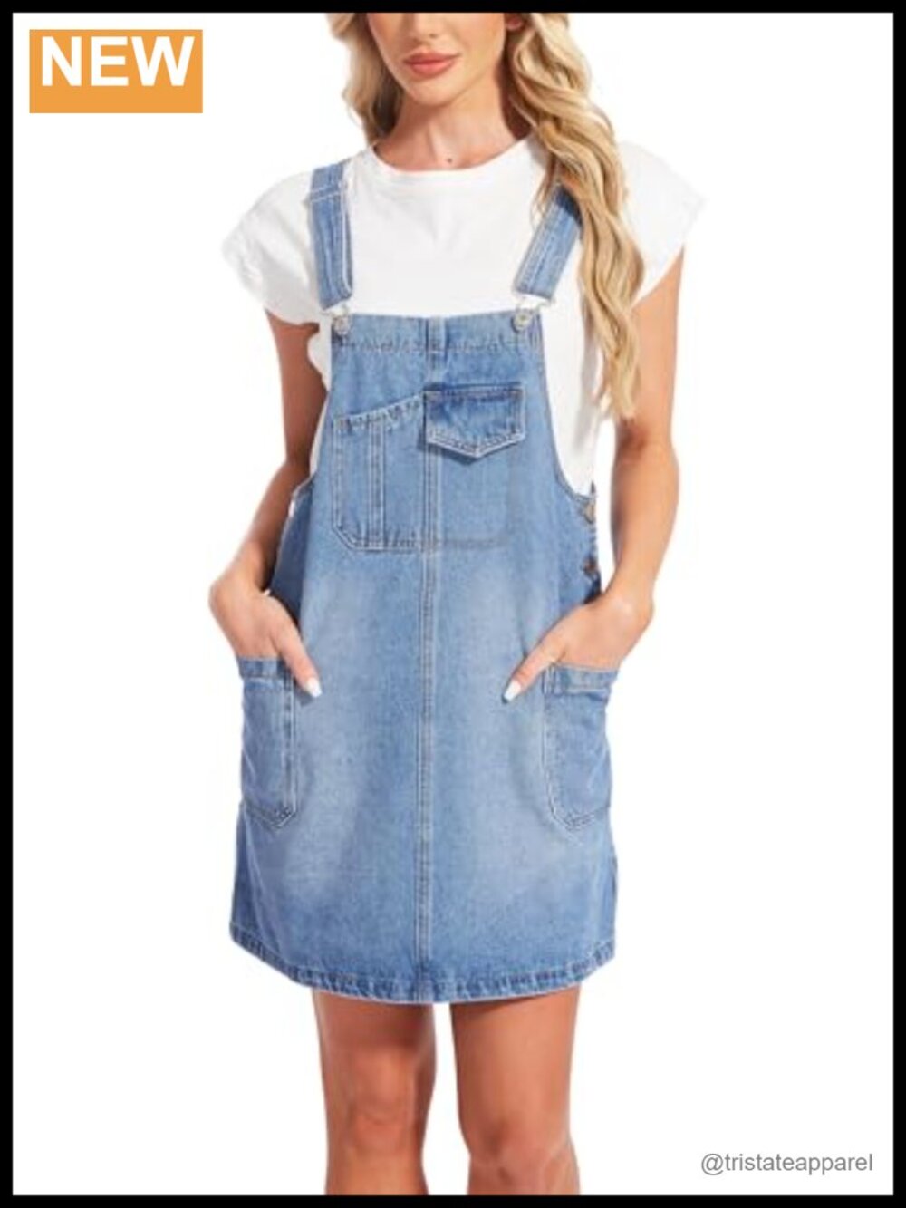 Cotton Denim Overall Dress Adjustable Straps Bib Mini with Pockets